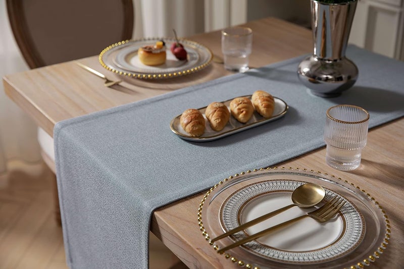 ZeeMart Burlap Style Farmhouse Table Runners 48 Inches Long, Dusty Blue Rustic Woven Dining Table Runner for Everyday Use, 14x48 Inches, Light Dusty Blue - Image 4