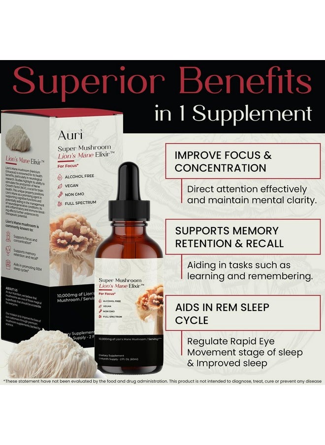 Auri Lion’s Mane Liquid Elixir - Brain Supplements for Memory and Focus with Functional Mushrooms - Lions Mane Supplement - Full Spectrum Lion's Mane Extract - No GMO, Vegan Mushroom Tincture