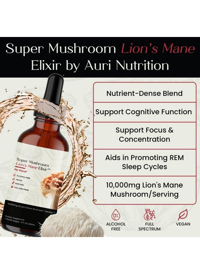 Auri Lion’s Mane Liquid Elixir - Brain Supplements for Memory and Focus with Functional Mushrooms - Lions Mane Supplement - Full Spectrum Lion's Mane Extract - No GMO, Vegan Mushroom Tincture