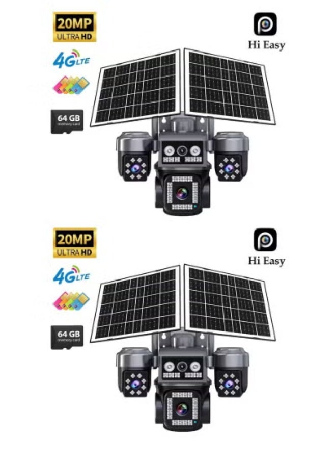 JAJEEK 2 Pcs 20MP 8K Ultra HD 4G Solar Security Camera System, 360° 4-Lens Outdoor Smart CCTV with AI Human Detection, PIR Motion Sensor, Color Night Vision, 2-Way Audio, Waterproof PTZ, 64GB SD Card - Image 1