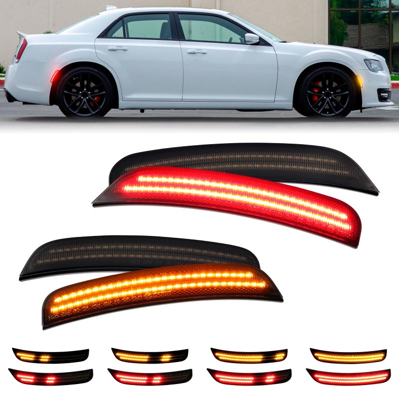 FetonAuto Dynamic Amber Red LED Side Marker Lights For Chrysler 300 2015 2016 2017 2018 2019 2020 2021 2022 2023 Front Rear Bumper Fender Smoked Lens Sidemarker Lamp Accessories