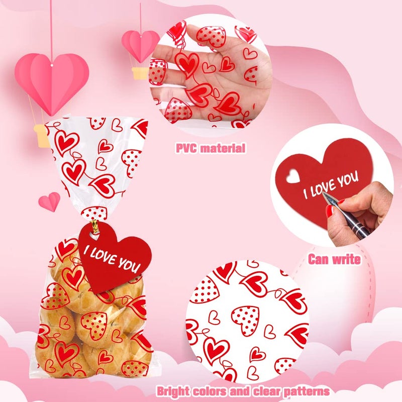 YUJUN 120 PCS Valentines Cellophane Treat Bags,Valentines Present Goodie Candy Red Heart Clear Cello Bags with 100 Pieces Heart Tags for Valentine's Day Weeding Party Favor Supplies(6 Styles) - Image 3