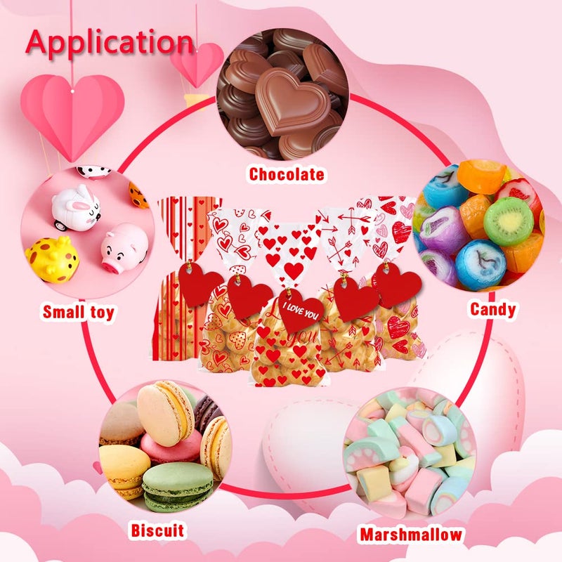 YUJUN 120 PCS Valentines Cellophane Treat Bags,Valentines Present Goodie Candy Red Heart Clear Cello Bags with 100 Pieces Heart Tags for Valentine's Day Weeding Party Favor Supplies(6 Styles) - Image 4