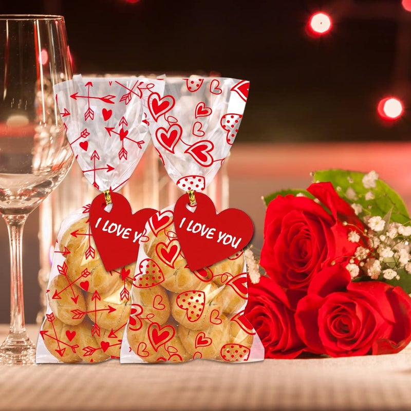 YUJUN 120 PCS Valentines Cellophane Treat Bags,Valentines Present Goodie Candy Red Heart Clear Cello Bags with 100 Pieces Heart Tags for Valentine's Day Weeding Party Favor Supplies(6 Styles) - Image 5