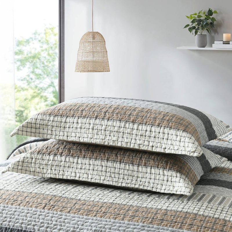 PANGUSHAN 100% Cotton Quilt Set Queen Size, Patchwork Queen Quilt Bedding Set Bedspreads, Farmhouse Lightweight Comforter Reversible Quilt, White/Brown/Grey Bed Spread for All Season, 3 Pieces - Image 5