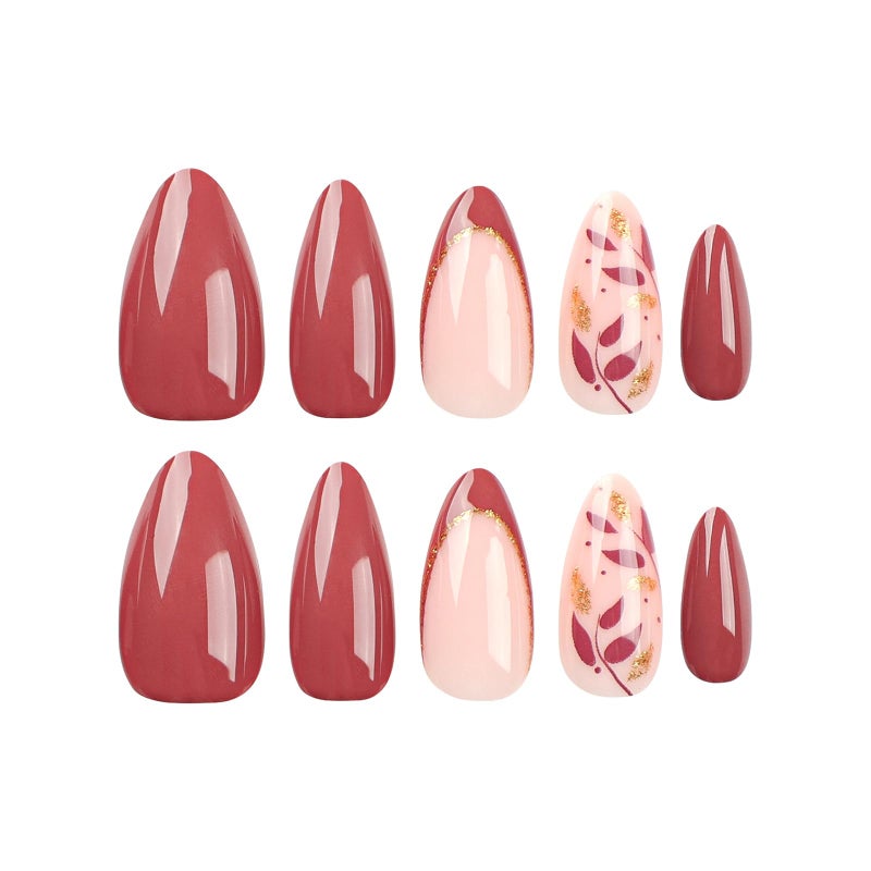 MISUD Press on Nails - Medium Almond Fake Nails with Fall Wine Red, Acrylic Autumn Leaf Design 24 pcs - Image 3