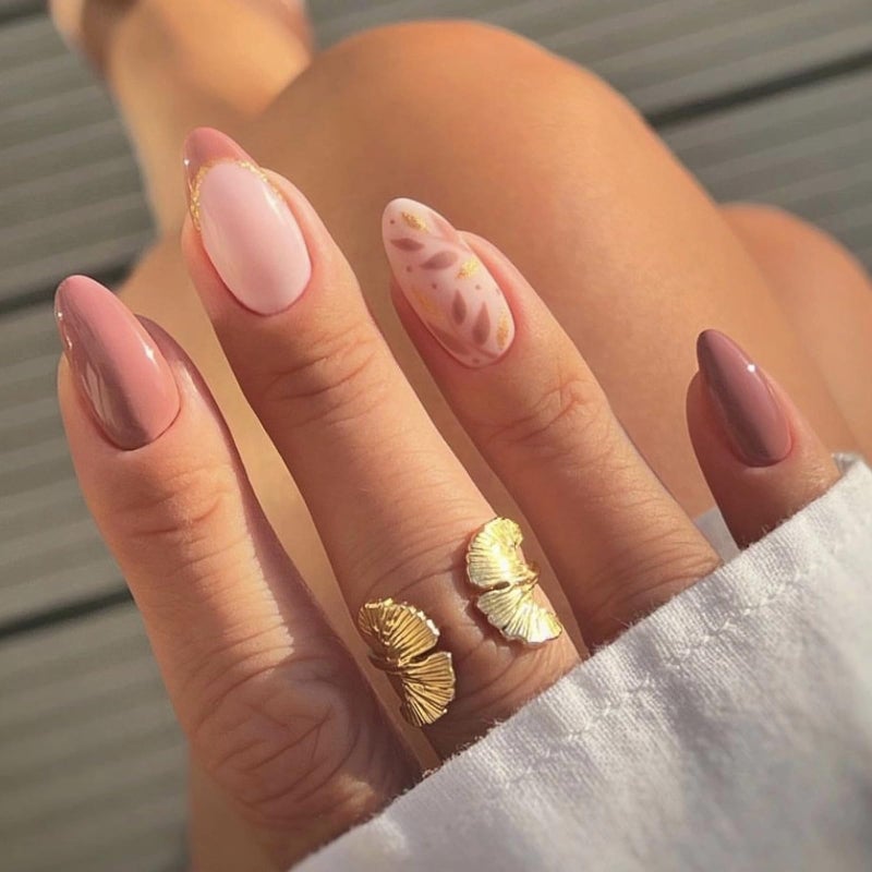 MISUD Press on Nails - Medium Almond Fake Nails with Fall Wine Red, Acrylic Autumn Leaf Design 24 pcs - Image 2
