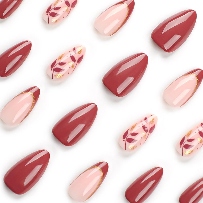 MISUD Press on Nails - Medium Almond Fake Nails with Fall Wine Red, Acrylic Autumn Leaf Design 24 pcs - Image 5