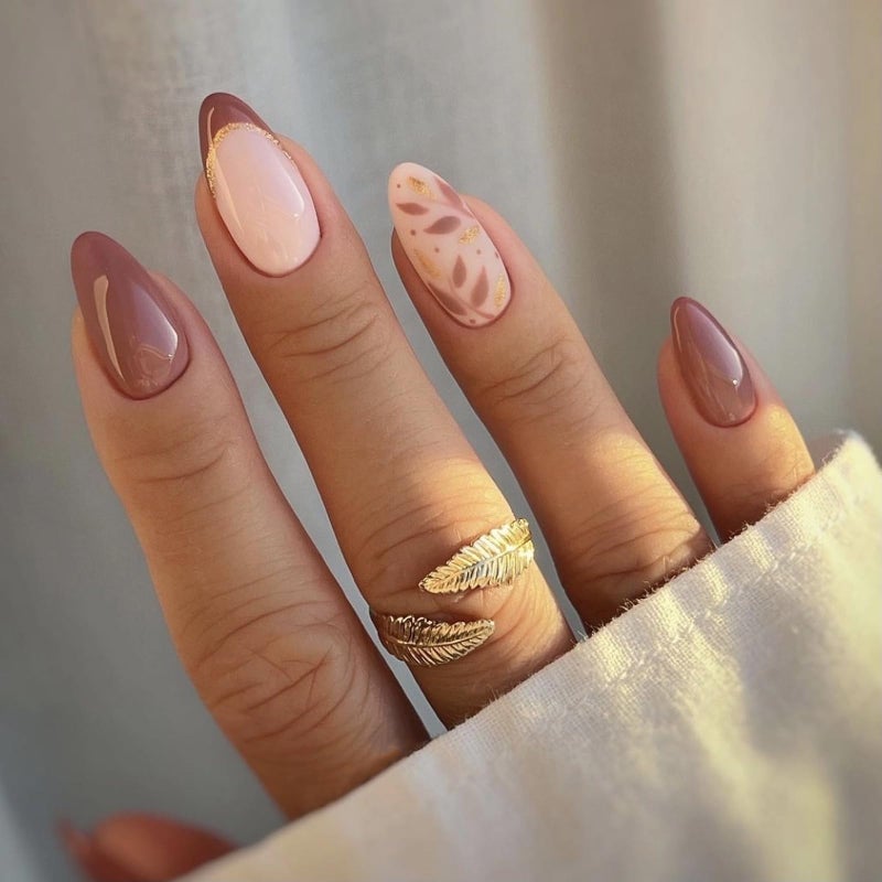 MISUD Press on Nails - Medium Almond Fake Nails with Fall Wine Red, Acrylic Autumn Leaf Design 24 pcs - Image 1
