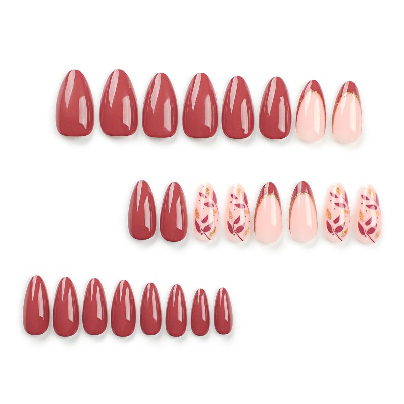 MISUD Press on Nails - Medium Almond Fake Nails with Fall Wine Red, Acrylic Autumn Leaf Design 24 pcs - Image 4