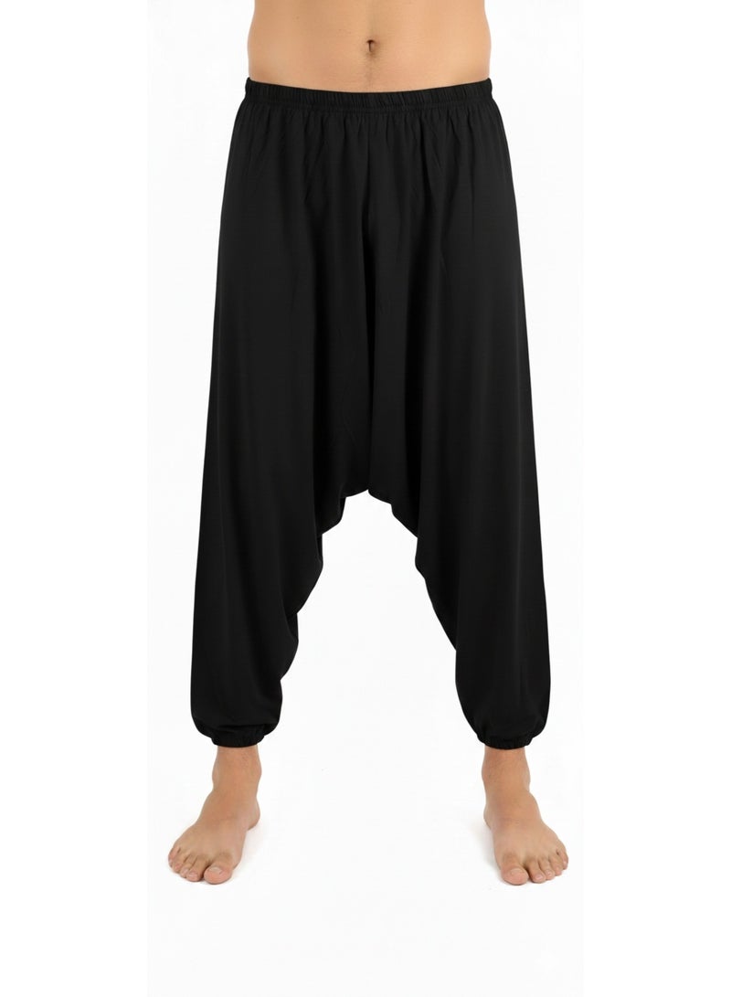 Men's wide-leg summer trousers with a trendy drop crotch style-Black