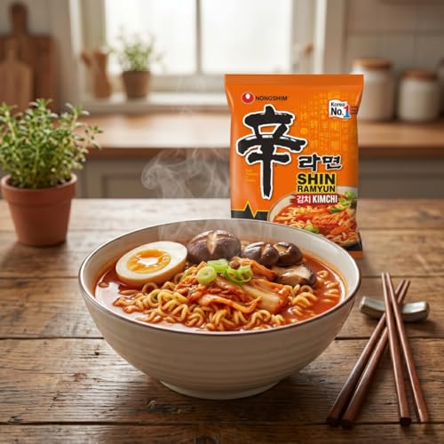 Nongshim Kimchi Shin Ramyun Noodles for Vegetarian, Orange and Red, 120 grams, 4 Count - Image 2