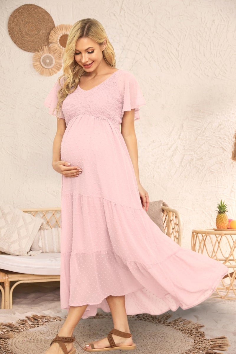 guruixu Swiss Dot Smocked Maternity Dress for Baby Shower Photoshoot Casual V Neck Ruffle Sleeve Empire Waist Tiered Boho Dress - Image 3