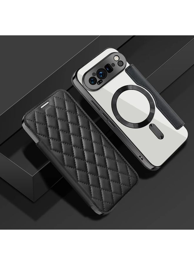 متوافق مع Pixel 9، غطاء قلاب من الجلد الصناعي الأخضر الداكن مع طلاء كهربائي شفاف، جيب بطاقات ومحفظة، غطاء حماية مغناطيسي للشحن. - Image 4