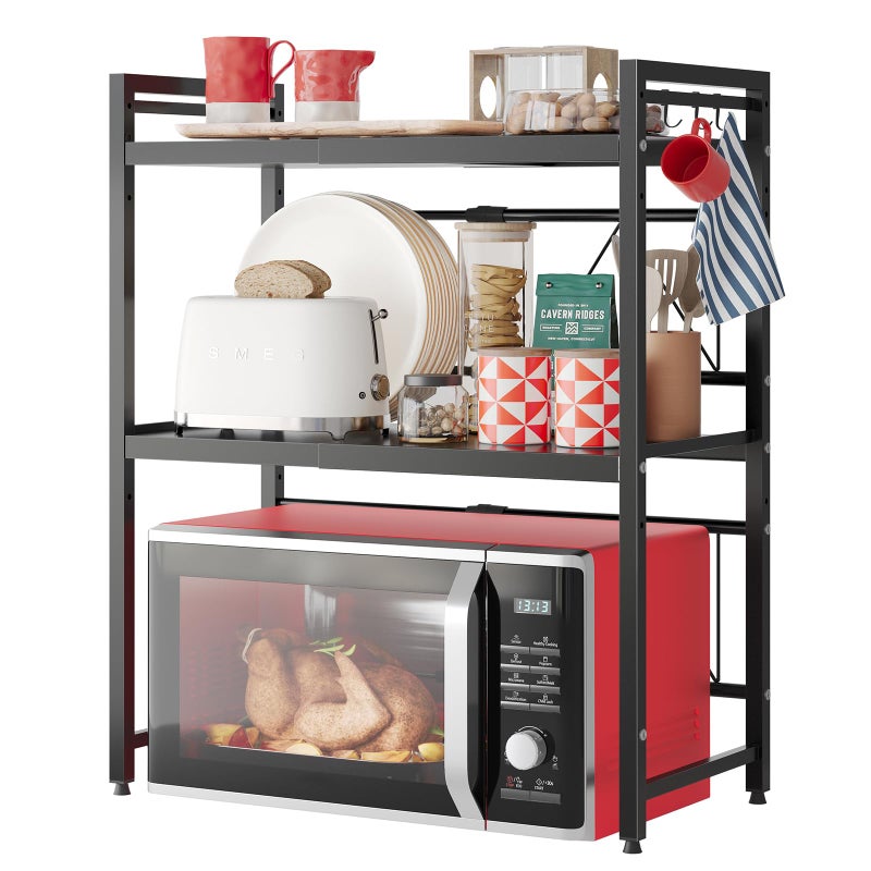 NETEL Expandable Microwave Stand,3 Tier Metal Kitchen Countertop Organizer Shelves with 8 Hooks,Bakers Rack,Microwave Shelf,Microwave Oven Rack,110lbs Weight Capacity - Image 1