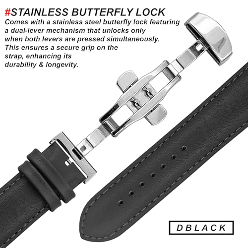 DBLACK ''NAGATA3'' Leather Watch Strap with Butterfly Lock, Minimalist Design Watch Belt // For 18mm, 20mm, 22mm, or 24mm Watch Band (Choose Your Size & Color) (Black, 24mm / Silver) - Image 3