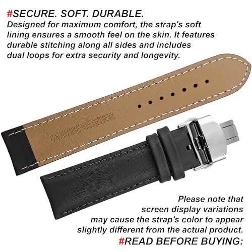 DBLACK ''NAGATA3'' Leather Watch Strap with Butterfly Lock, Minimalist Design Watch Belt // For 18mm, 20mm, 22mm, or 24mm Watch Band (Choose Your Size & Color) (Black, 24mm / Silver) - Image 4