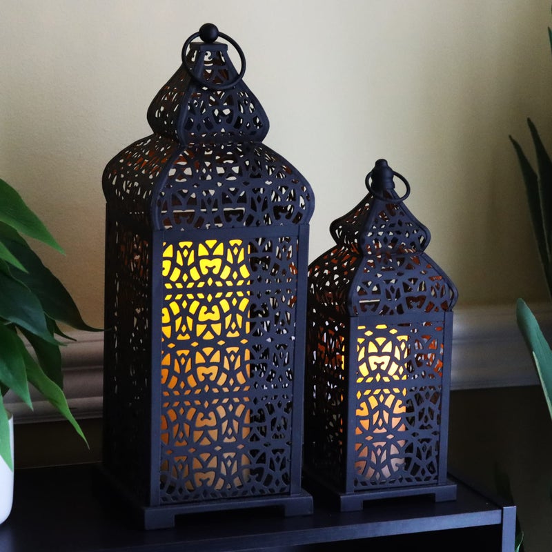 VELA LANTERNS Large Temple Moroccan Lantern Lamp Decorative Candle Holders for Ramadan Decorations Hanging Outdoor Patio or Porch Indoor Home Decor Weddings Black Set of 2 - Image 1