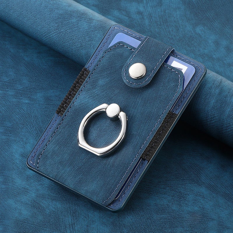 Vintage Solid Color Storage Bracket Card Holder Card Holder Back Adhesive Phone Bag Multi-Insert Card Skin-Feeling Plain Leather PU Ring Card Holder Blue 