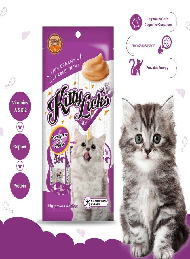 Rena Kitty Licks Cat Treats for Kittens | Creamy Lickable Chicken Liver Snack | Rich in Fiber, Omega 6 & Zinc | No Artificial Colours - Each 60g (Pack of 3) - Image 2