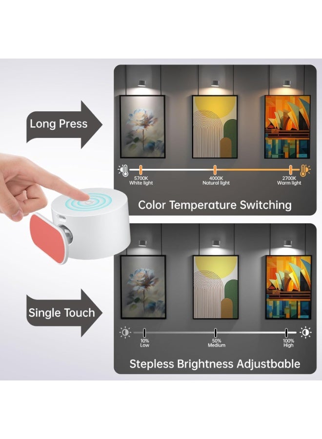 NANAO LED Wall Light, 2Pack Wall Lamp with 3 Color Modes 3 Brightness Levels 360°Rotate Magnetic Touch Control, Battery Operated Wall Lights for Living Room Bedroom Reading - Image 2