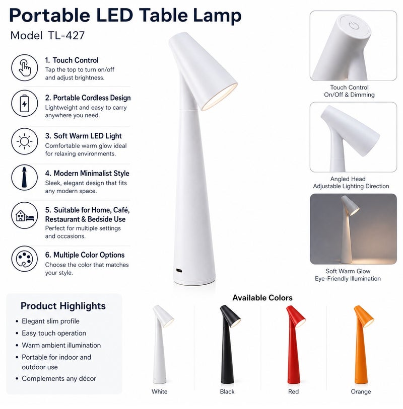 VENDIX Rechargeable Portable LED Table Lamp with Touch Control, Cordless Warm Light, Multicolor, - Image 4