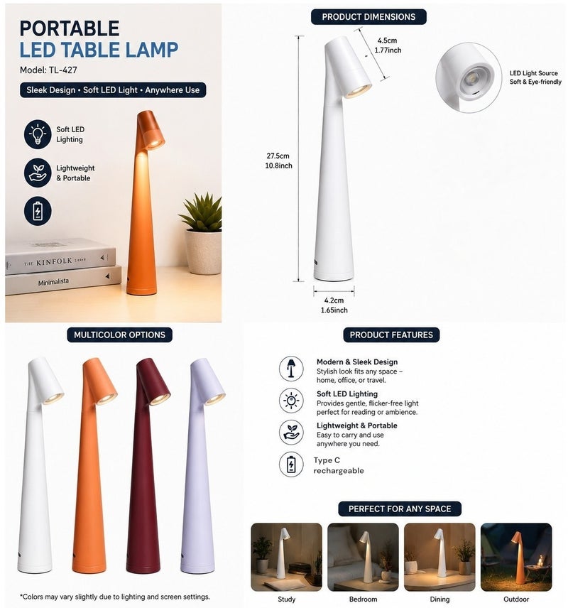 VENDIX Rechargeable Portable LED Table Lamp with Touch Control, Cordless Warm Light, Multicolor, - Image 2