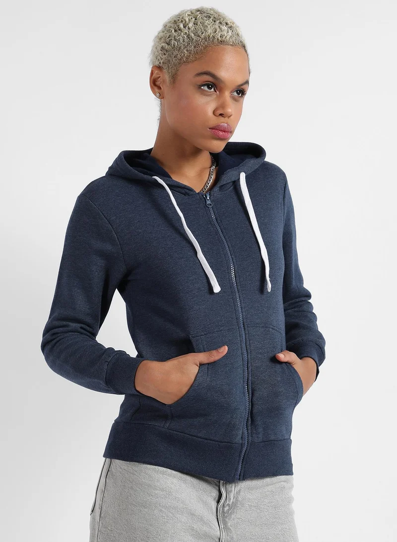 Campus Sutra Campus Sutra Women's Zip-Front Hoodie With Contrast Drawstring