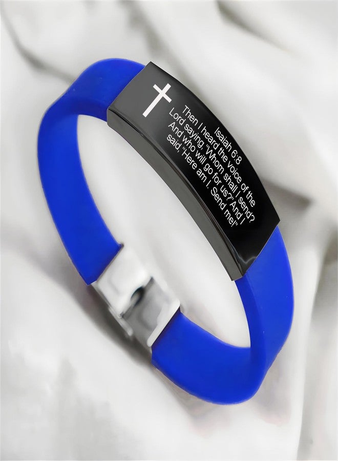 XHMAOYI Bible Verse Isaiah 6:8 Bracelets - 2Pcs Inspirational Isaiah 6 8 Cuff Bracelet with Cross Symbol Christian Jewelry Silicone Wristband with Bible Quote For Men Women (Black+Blue) - Image 3