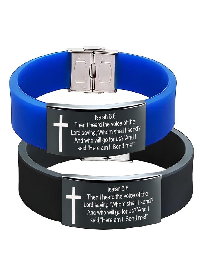 XHMAOYI Bible Verse Isaiah 6:8 Bracelets - 2Pcs Inspirational Isaiah 6 8 Cuff Bracelet with Cross Symbol Christian Jewelry Silicone Wristband with Bible Quote For Men Women (Black+Blue) - Image 1
