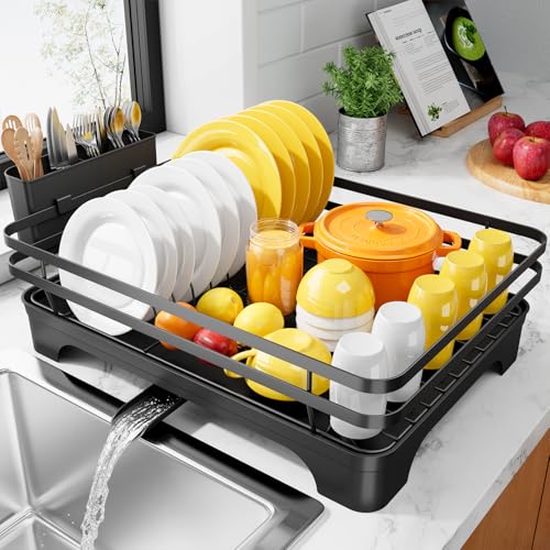 Kitsure Dish Drying Rack MultiFunctional Dish Rack for Kitchen Counter with Cutlery Holder RustProof Storage Solution with Rotatable 157 x 120 x 55 Black - Image 1