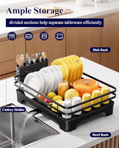 Kitsure Dish Drying Rack MultiFunctional Dish Rack for Kitchen Counter with Cutlery Holder RustProof Storage Solution with Rotatable 157 x 120 x 55 Black - Image 3
