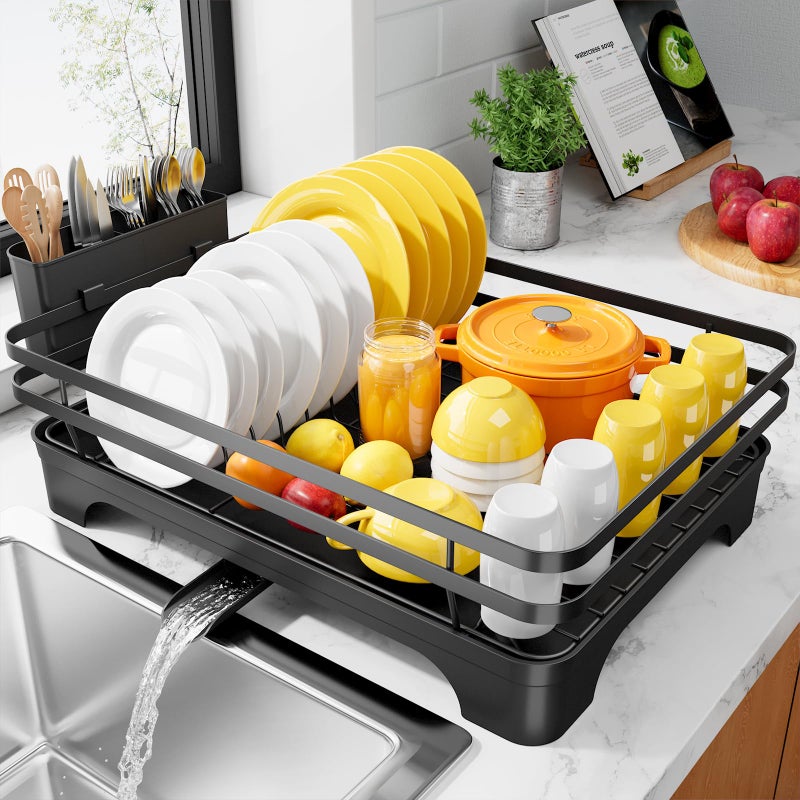 Kitsure Dish Drying Rack MultiFunctional Dish Rack for Kitchen Counter with Cutlery Holder RustProof Storage Solution with Rotatable 157 x 120 x 55 Black - Image 2