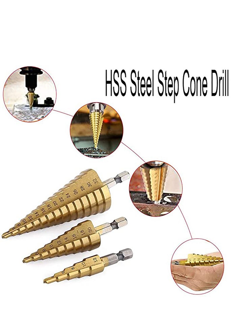 Large HSS Steel Step Cone Drill Titanium Bit Set, Perfect Step Drill Bits suitable for drill holes in various material, High-Speed Bit Set