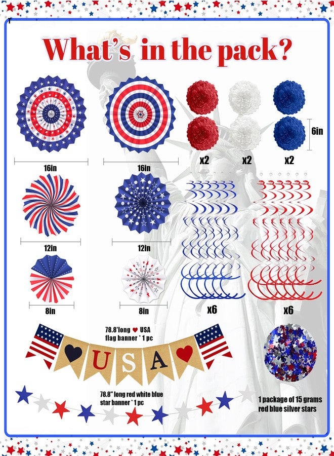 Tonberless 33 Pcs 4th/Fourth of July Memorial Day Decorations, Patriotic Decorations Outdoor Indoor Office USA Banner Red White Blue Star Streamer Hanging Swirls Veterans Day Decor for Independence Day - Image 5