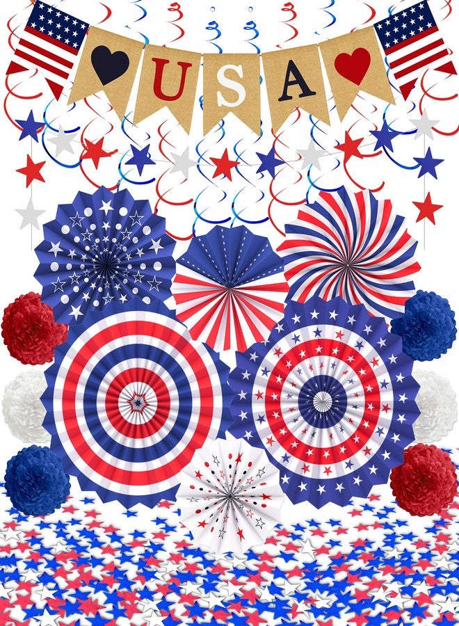 Tonberless 33 Pcs 4th/Fourth of July Memorial Day Decorations, Patriotic Decorations Outdoor Indoor Office USA Banner Red White Blue Star Streamer Hanging Swirls Veterans Day Decor for Independence Day - Image 1