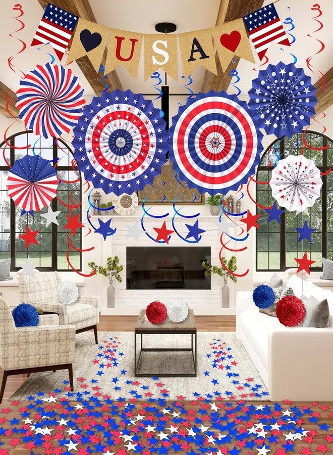 Tonberless 33 Pcs 4th/Fourth of July Memorial Day Decorations, Patriotic Decorations Outdoor Indoor Office USA Banner Red White Blue Star Streamer Hanging Swirls Veterans Day Decor for Independence Day - Image 2