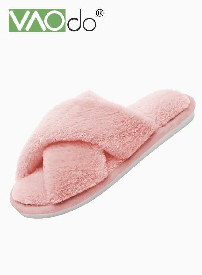 VAOdo Womens Fuzzy Memory Foam Slippers Cross Band Cozy Plush Home Slippers Fluffy Furry Open Toe House Shoes Indoor Outdoor Slide Slipper Pink - Image 1