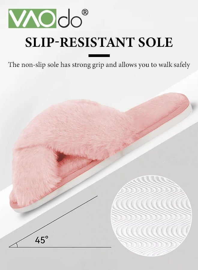VAOdo Womens Fuzzy Memory Foam Slippers Cross Band Cozy Plush Home Slippers Fluffy Furry Open Toe House Shoes Indoor Outdoor Slide Slipper Pink - Image 4