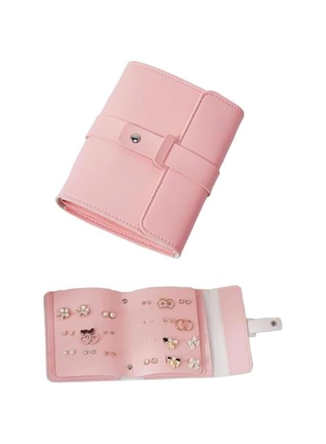 هوكور اي بين منظم اقراط بتصميم كتاب، حامل اقراط للسفر لتخزين المجوهرات، حافظة اقراط محمولة من جلد البولي يوريثين للسفر (بينك)، زهري - Image 1