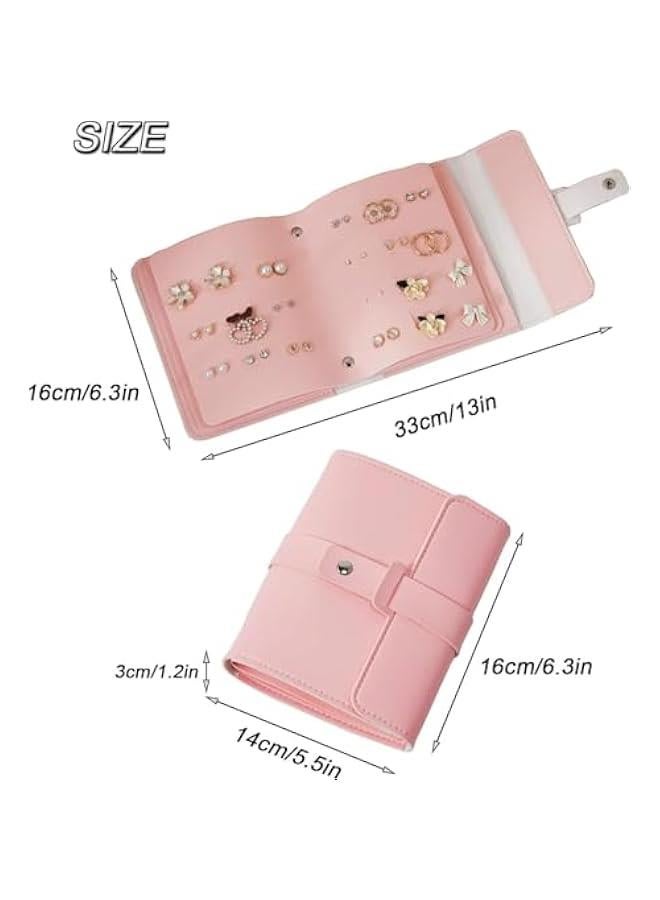 هوكور اي بين منظم اقراط بتصميم كتاب، حامل اقراط للسفر لتخزين المجوهرات، حافظة اقراط محمولة من جلد البولي يوريثين للسفر (بينك)، زهري - Image 2