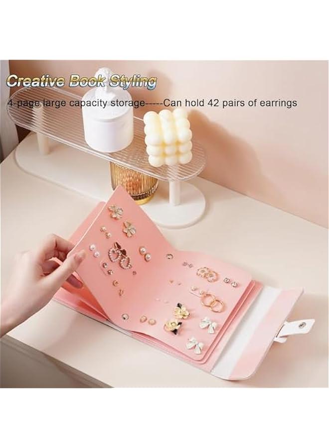 هوكور اي بين منظم اقراط بتصميم كتاب، حامل اقراط للسفر لتخزين المجوهرات، حافظة اقراط محمولة من جلد البولي يوريثين للسفر (بينك)، زهري - Image 4