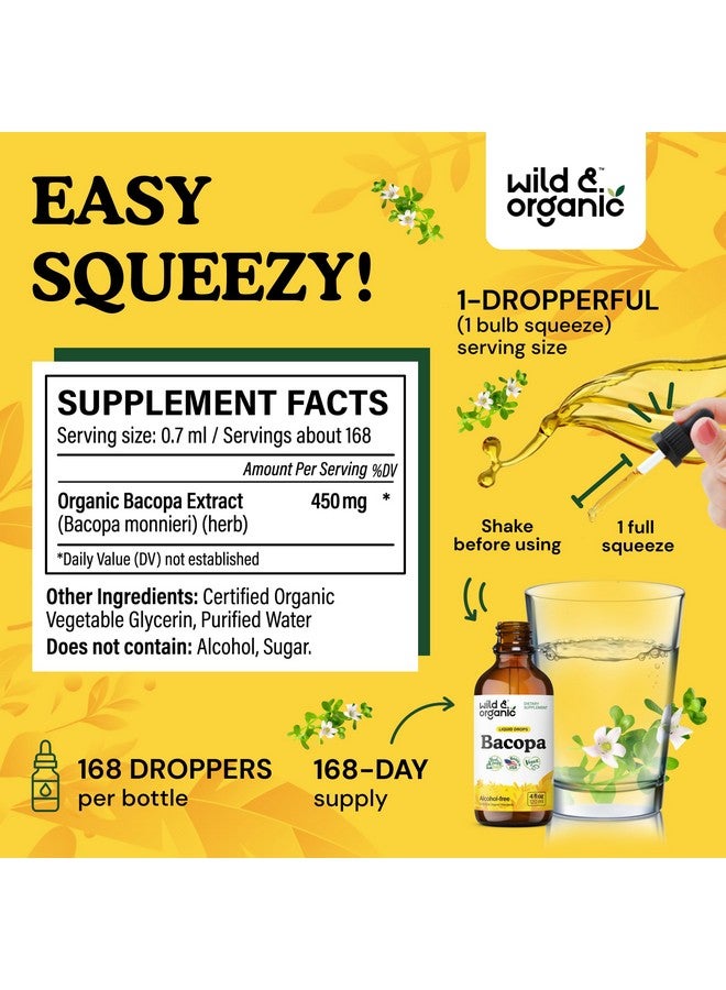 Wild & Organic Wild & Organic Bacopa Liquid Drops - Herbal Tincture for Brain Support - Vegan Supplements with Bacopa Monnieri Extract Liquid - 5-Month Supply - Sugar & Alcohol-Free - 4 fl oz  - Image 1