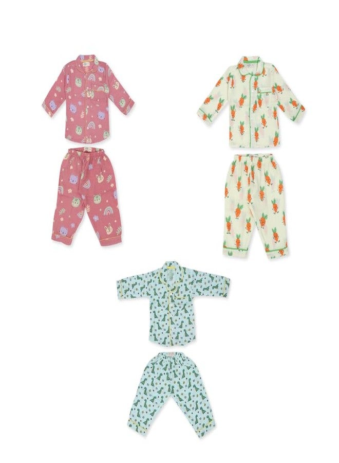 A toddler thing 100% Organic Muslin Sleepsuit | Full Sleeves Dress | Night Suit for Boys & Girls | Top & Pants | Sleepwear Baby Products | Night Wear Rompers | 2-3y | Rainbow Carrot and Friends - Image 1