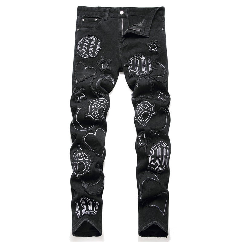 New Punk Style Patched Black Ripped Mens Jeans Black 