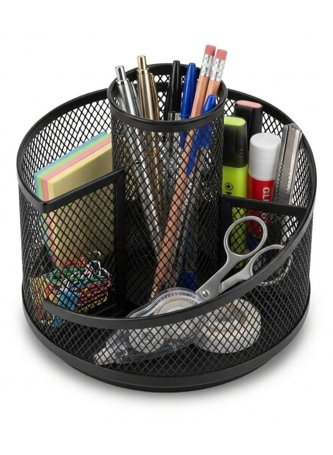 360-Degree Rotating Metal Mesh Desk Organizer with 4 Compartments Black - Image 1