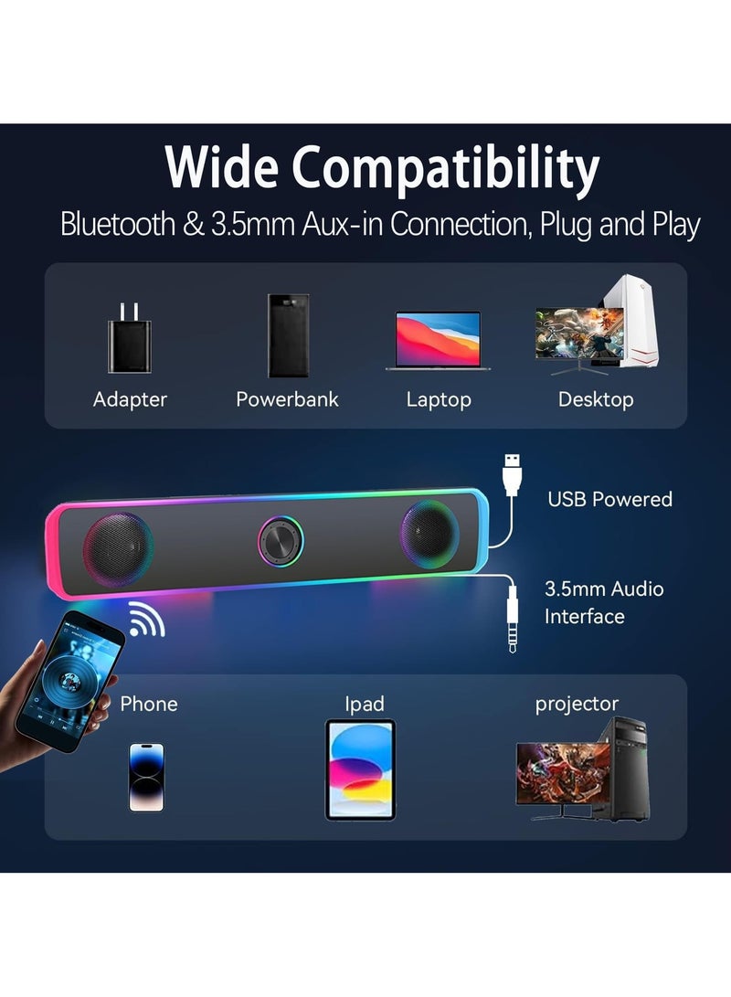erorex Computer Speakers for PC Desktop Monitor, Bluetooth 5.3, USB Powered Computer Soundbar with LED RGB Light, Knob Volume Control, 3.5mm Aux Input, HiFi Stereo Gaming Speakers for Desktop - Image 3