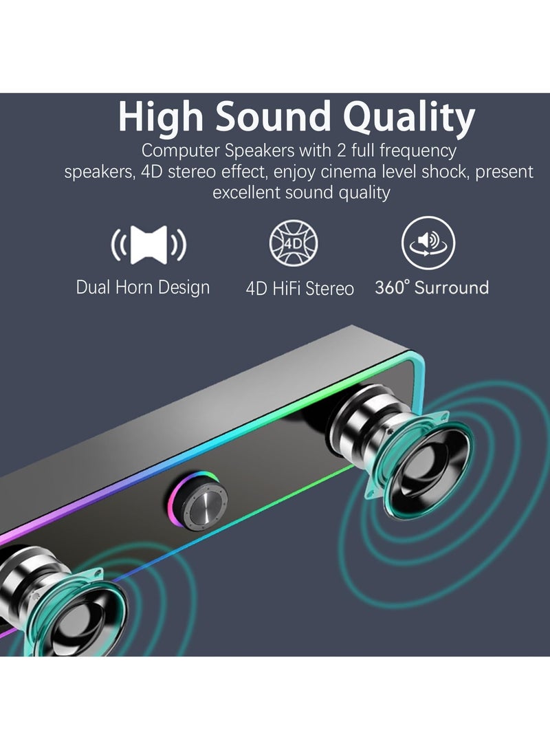 erorex Computer Speakers for PC Desktop Monitor, Bluetooth 5.3, USB Powered Computer Soundbar with LED RGB Light, Knob Volume Control, 3.5mm Aux Input, HiFi Stereo Gaming Speakers for Desktop - Image 5