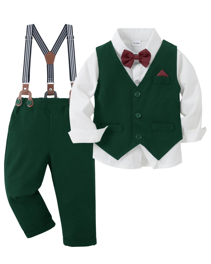 CARETOO Toddler Green Suspender Pants with Red and Green Shirt Toddler Wedding Outfit Baby Boy Gentleman Long Sleeves Suit Sets with Pocket 12-18 Months - Image 4
