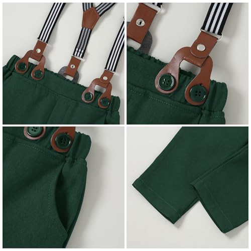 CARETOO Toddler Green Suspender Pants with Red and Green Shirt Toddler Wedding Outfit Baby Boy Gentleman Long Sleeves Suit Sets with Pocket 12-18 Months - Image 3